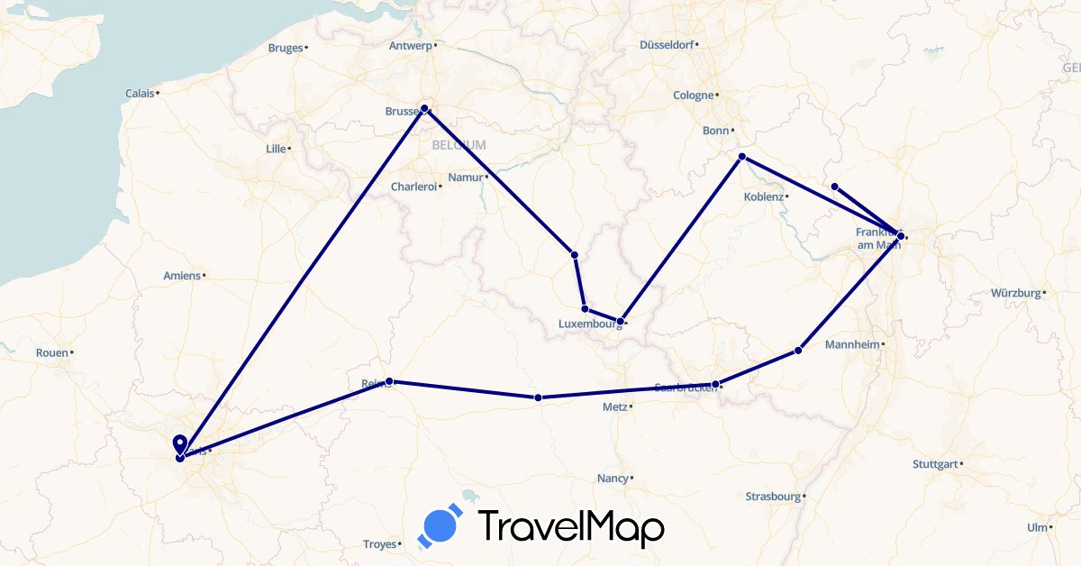 TravelMap itinerary: driving in Belgium, Germany, France, Luxembourg (Europe)